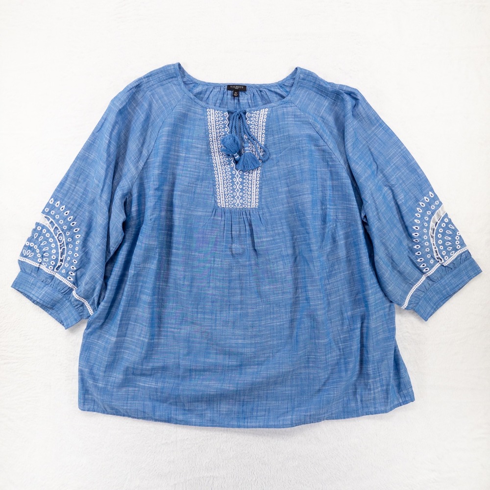 Talbots Womens Plus 3X Blue Embroidered Tassel Peasant Top Cotton Chambray Boho